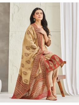 Fabindia - Beige Cotton Silk Hand Block Printed Dupatta and Kurta