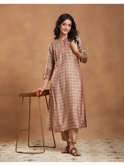 Fabindia - Terracotta Viscose Silk Hand Block Printed Slim Fit Kurta