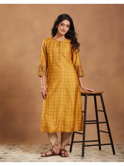 Fabindia - Mustard Viscose Silk Hand Block Printed Slim Fit Kurta
