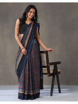 Fabindia - Indigo Viscose Blend Ajrakh Printed Saree