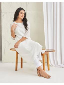 Fabindia - Natural Cotton Silk Chikankari Long Kurta With Slip