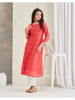 Fabindia - Red Cotton Silk Chikankari Long Kurta With Slip