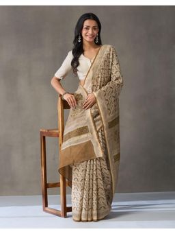 Fabindia - Beige Cotton Silk Blend Hand Block Printed Saree