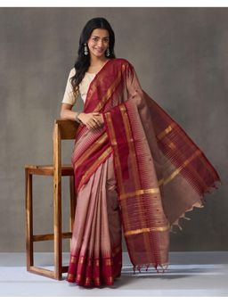Fabindia - Maroon-Beige Cotton Blend Saree