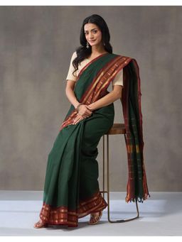 Fabindia - Forest-Green Cotton Blend Saree
