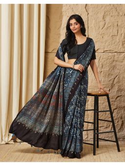Fabindia - Indigo Viscose Blend Ajrakh Printed Saree