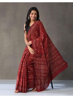 Fabindia - Red Cotton Hand Block Printed Saree
