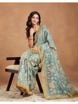 Fabindia - Blue-Green Cotton Silk Kalamkari Saree