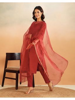 Fabindia - Red Cotton Silk Embroidered Kurta, Pant and Dupatta