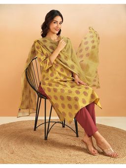 Fabindia - Avni Green Cotton Printed Buta Kurta, Pant and Dupatta