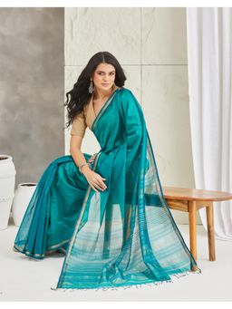 Fabindia - Teal Cotton Silk Blend Maheshwari Saree