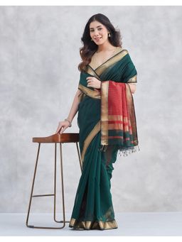 Fabindia - Forest Green Cotton Silk Blend Maheshwari Saree