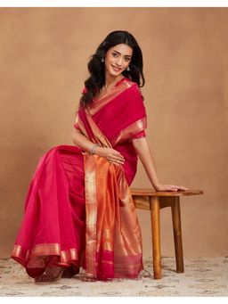 Fabindia - Magenta Cotton Silk Blend Maheshwari Saree