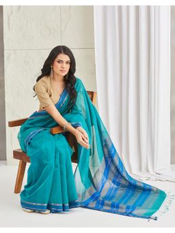 Fabindia - Turquoise Cotton Silk Blend Maheshwari Saree