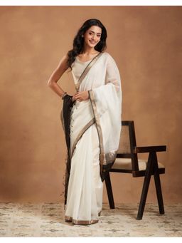 Fabindia - Natural-Black Cotton Silk Blend Maheshwari Saree