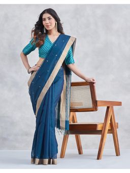 Fabindia - Teal Cotton Silk Blend Chanderi Saree