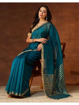 Fabindia - Teal Cotton Silk Blend Chanderi Saree