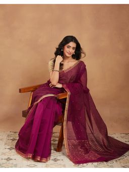 Fabindia - Purple Cotton Silk Blend Chanderi Saree