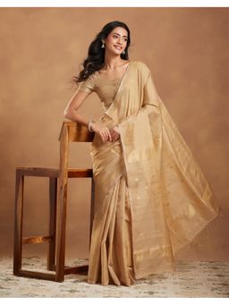 Fabindia - Gold Cotton Blend Maheshwari Saree
