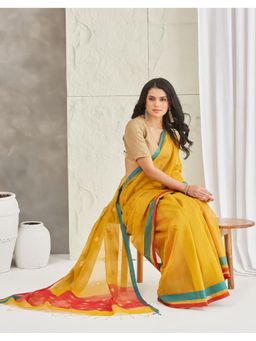Fabindia - Yellow Cotton Silk Blend Saree