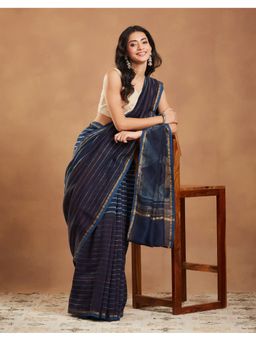 Fabindia - Indigo Cotton Silk Blend Hand Block Printed Saree