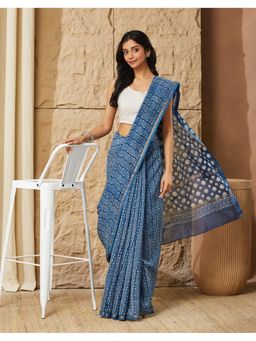 Fabindia - Indigo Cotton Silk Blend Hand Block Printed Saree