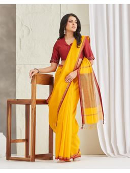 Fabindia - Mustard Cotton Silk Blend Maheshwari Saree