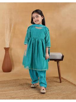 Fabindia - Blue Cotton Silk Blend Printed Floral Kurta with Salwar & Dupatta