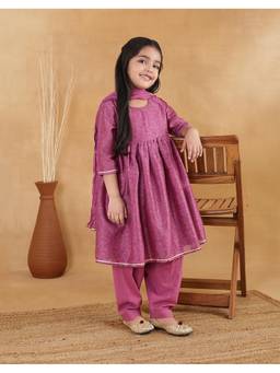 Fabindia - Purple Cotton Silk Blend Printed Floral Kurta with Salwar & Dupatta