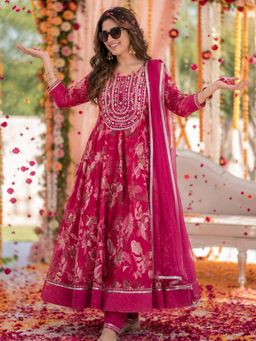 BERRYLICIOUS - Women Pink Anarkali Printed and Embroidered Kurta with pant and Dupatta