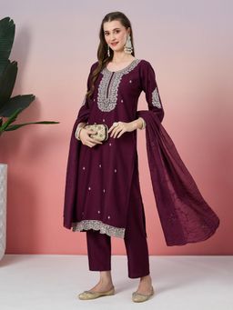 Fabclub - Silk Blend Embroidered Wine Kurta With Pant and Dupatta