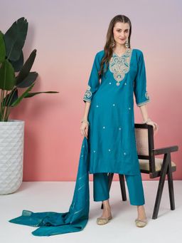 Fabclub - Silk Blend Embroidered Turquoise Kurta With Pant and Dupatta