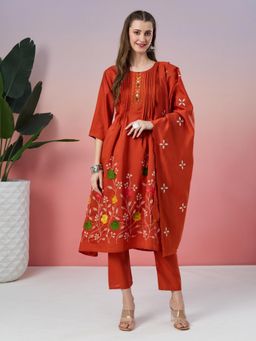 Fabclub - Embroidered Pleated Flared Art Silk Orange Kurta With Pant and Dupatta