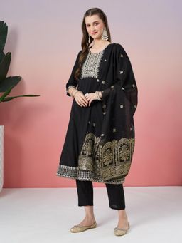 Fabclub - Embroidered Flared Art Silk Black Kurta With Pant and Dupatta