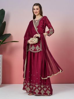 Fabclub - Embroidered Chinon Maroon Kurta With Palazzo and Dupatta