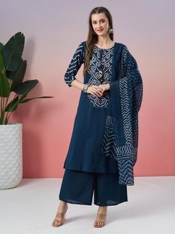 Fabclub - Pure Cotton Navy Blue Printed Kurta With Palazzo and Dupatta