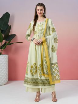 Fabclub - Pure Cotton Light Green Embroidered Flared Anarkali Kurta With Palazzo and Dupatta