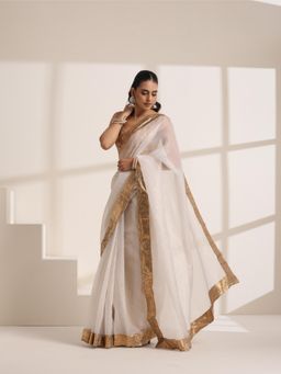 KLISHAA ART - White Organza Saree with Golden Lampi Lace Border
