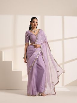 KLISHAA ART - Purple Organza Saree with Golden Lampi Lace Border