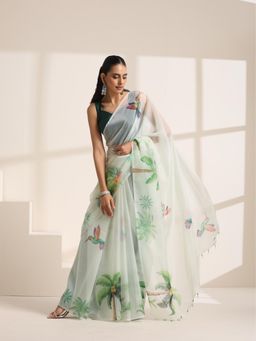 KLISHAA ART - Light Green Organza Tropical Bird Printed Saree