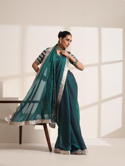 KLISHAA ART - Teal Blue Silk Organza Saree with Silver Lampi Lace Border