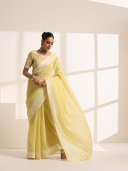 KLISHAA ART - Light Yellow Chiffon Saree with Silver Embroidery Work