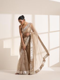 KLISHAA ART - Golden Beige Organza Saree with Silver Border