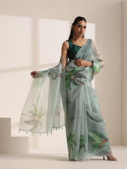 KLISHAA ART - Mint Green Organza Floral and Bird Printed Saree