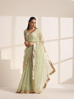 KLISHAA ART - Green Silk Organza Saree with Golden Zari Border