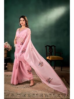 KLISHAA ART - Baby Pink Pure Silk Organza Sparrow Print Saree