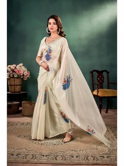 KLISHAA ART - Ivory Pure Silk Organza Peacock Printed Saree