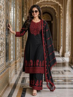 BERRYLICIOUS - Women Black Cotton Embroidered Kurta with palazzo and Dupatta