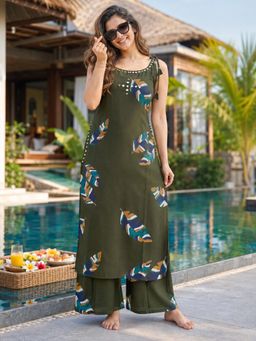 BERRYLICIOUS - Women Green Printed and Mirror Embellished Kurta with palazzo