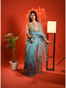 Biyahuti - Women's Blue Floral Organza Dori Work Saree